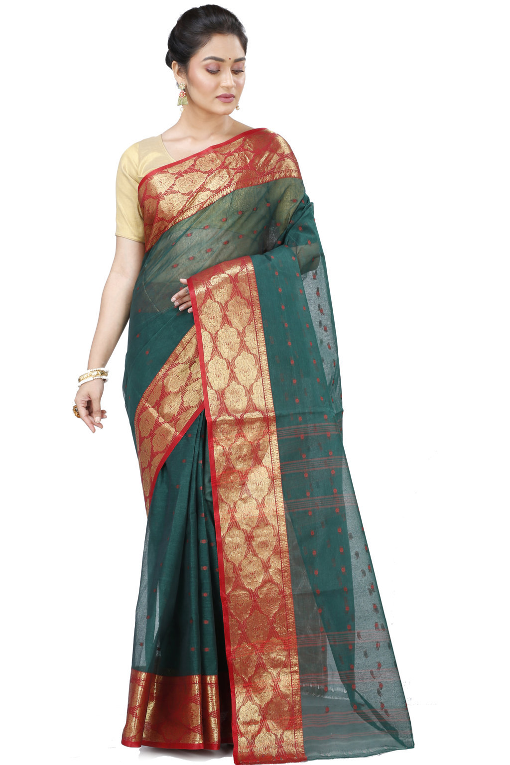 Dark Green Pure Cotton Asmani Tant Saree (196)